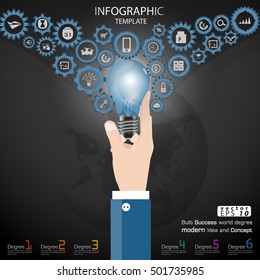 business hand catch Bulb Success world degree  modern Idea and Concept Vector illustration Infographic template with icon,cog.