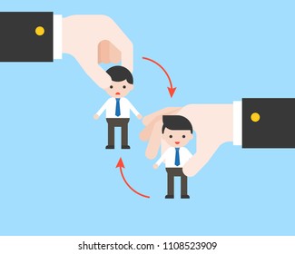 Business hand changing tiny businessman puppet, substituted position concept, flat design