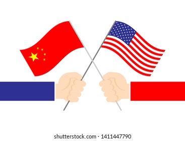 Business Hand check holding flag of America and China, Trade war and tax crisis concept design illustration isolated on blue gradients background with copy space, vector eps 10