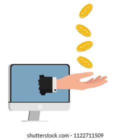 Business hand and computer. coin drop vector. free space for text. wallpaper. background.