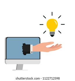 Business hand and computer. lamp idea vector. free space for text. wallpaper. background.