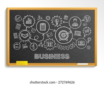 Business hand draw integrated icons set. Vector sketch infographic illustration. Line connected doodle pictograms on school board: strategy, mission, service, analytics, marketing, interactive concept