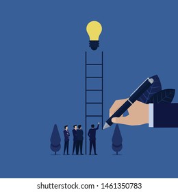 Business hand draw ladder for businessman to climb reach idea metaphor of find idea. Illustration For Wallpaper, Banner, Background, Book Illustration, And Web Landing Page.