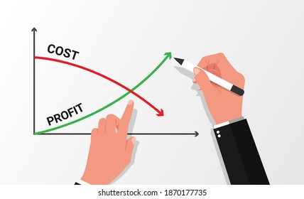 Business hand drawing graphs profit growth vs cost reduction vector illustration.
