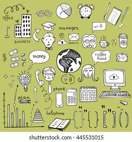 Business hand drawn doodle for infographics, professional set with line objects, set with business one color  images, professional pictures, line art