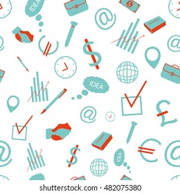 Business hand drawn seamless pattern with office accessories in doodle style vector illustration