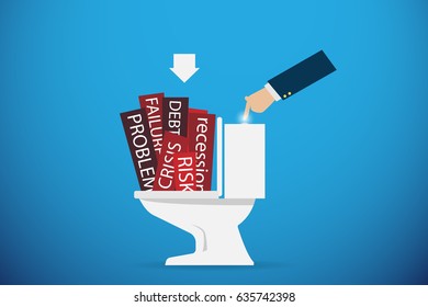 business hand flushing the problem word going down the toilet, solution concept