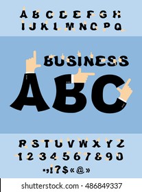 Business Hand font. Pointing finger alphabet. Businessman arm alphabet. Finger points to typography
