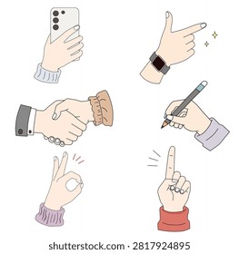 Business hand gestures and activities vector set. Collection of hands performing professional actions including handshake deal, taking notes with a pen, taking selfie with smartphone, pointing, finger gun, and OK sign. Concept for teamwork, technology, and agreement isolated on a white background.