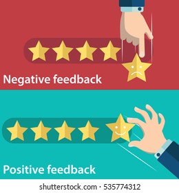 Business hand give five star of positive and negative feedback. Vector illustration of customer feedback concept. Minimal and flat design