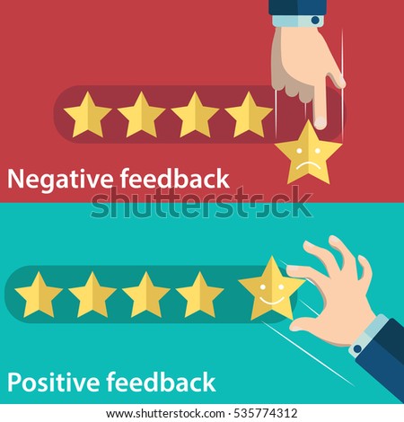 Business hand give five star of positive and negative feedback. Vector illustration of customer feedback concept. Minimal and flat design