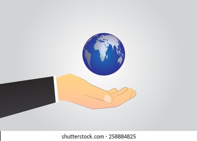 Business hand give world icon.