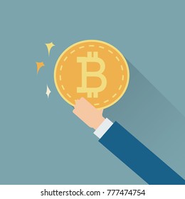 Business hand giving bitcoin for exchanged money reward