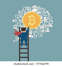 Business hand giving bitcoin for exchanged money reward

