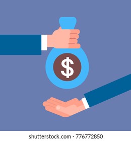 Business Hand Giving Money Bag To Businessman Salary, Credit Or Loan Payment Concept Flat Vector Illustration