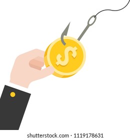 Business hand grab dollar coin on fish hook, flat design