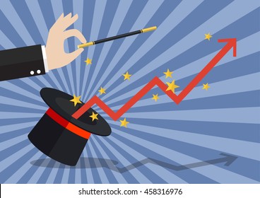 Business hand with graph flying out of the magic hat. Vector illustration