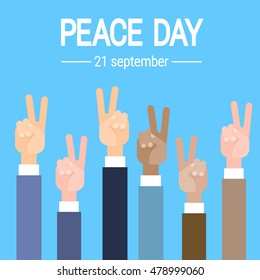 Business Hand Group Peace Sign World International Holiday Poster Flat Vector Illustration