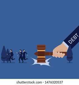 Business hand hit hammer to ground and team run away metaphor of debt. Illustration For Wallpaper, Banner, Background, Book Illustration, And Web Landing Page.