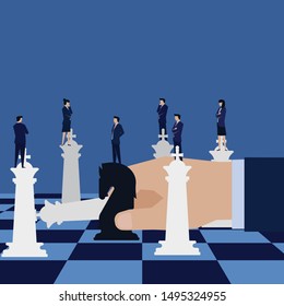 Business hand hold black horse and challenge kings metaphor of strategy. Illustration For Wallpaper, Banner, Background, Infographic, Book Illustration, And Web Landing Page.