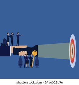 Business hand hold flashlight for keyhole on target metaphor of clear target. Illustration For Wallpaper, Banner, Background, Book Illustration, And Web Landing Page.