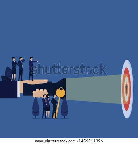 Business hand hold flashlight for keyhole on target metaphor of clear target. Illustration For Wallpaper, Banner, Background, Book Illustration, And Web Landing Page.