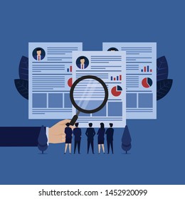 Business hand hold magnify on curriculum vitae manager and team review metaphor of hiring. Illustration For Wallpaper, Banner, Background, Book Illustration, And Web Landing Page.