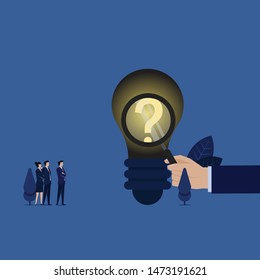 Business hand hold magnify search on idea find question mark metaphor of power of ask. Illustration For Wallpaper, Banner, Background, Book Illustration, And Web Landing Page.