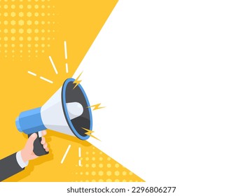 Business Hand hold Megaphone speaker for announce, advertising, promotion, and Grand sale. Vector illustration for retail shopping online marketing template, banner, poster, and background.