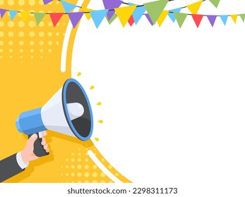 Business Hand hold a megaphone speaker for announce, advertising, promotion, and Grand sale. Vector illustration for retail shopping online marketing template, banner, poster, and background.