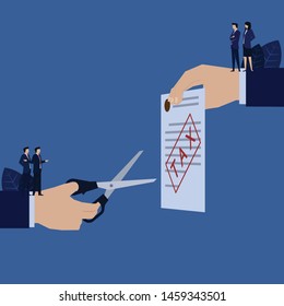 Business hand hold scissor to cut tax form metaphor of tax deduction. Illustration For Wallpaper, Banner, Background, Book Illustration, And Web Landing Page.