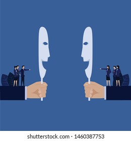 Business hand hold smiling mask while behind team blame each other metaphor of hypocrite. Illustration For Wallpaper, Banner, Background, Book Illustration, And Web Landing Page.