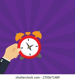 business hand holding alarm clock.Conceptual vector illustration in flat style design.Isolated on background.