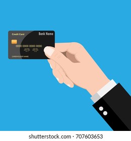 Business hand holding blank plastic credit card isolated on Blue background- vector