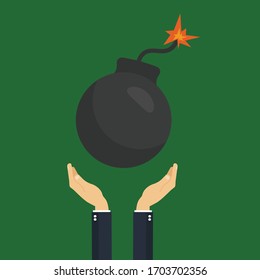 business hand holding bomb.Conceptual vector illustration in flat style design.Isolated on background.