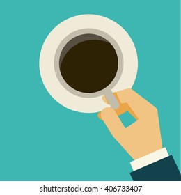 Business hand holding  coffee cup for relaxing. Flat design. Vector illustration. 