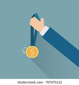 Business hand holding gold ribbon award for the winner,flat vector design.