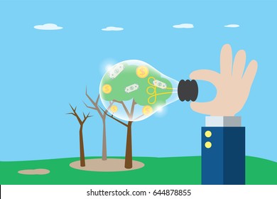 business hand holding lightbulb to see coins and banknotes from dry tree, idea and business concept