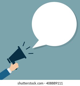 Business hand holding megaphone for advertising, flat vector.