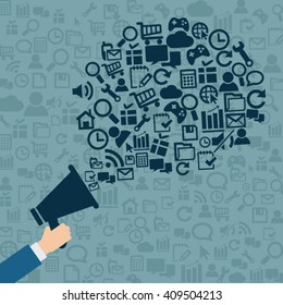 Business hand holding megaphone for advertising, flat vector.