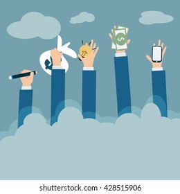 Business hand holding mobile phone,pencil,money,and light bulb to get new idea,flat vector design.
