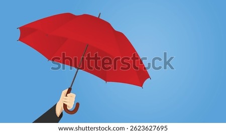 Business hand holding open red umbrella on blue background. Insurance protection concept vector illustration