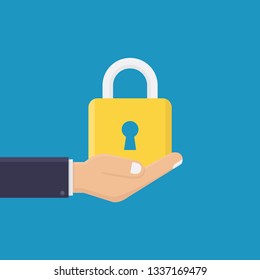 Business hand holding padlock icon flat, locked, flat design vector illustration