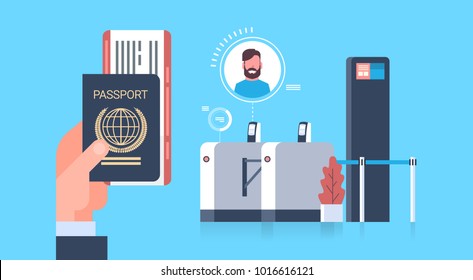 Business Hand Holding Passport And Tickets To Plane Over Check In Scanner At Airport Man During Registration For Departure Concept Flat Vector Illustration