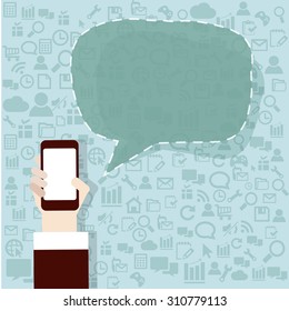 Business Hand holding smart phone on technology background