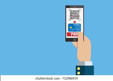 business hand holding smartphone to use application for pay with qr code, technology and business concept