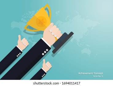 Business Hand Holding Trophy Cup, Business Finance Concept, Achievement, Leadership, Vector Illustration Flat Style