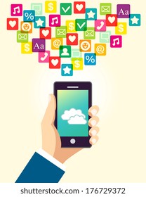 Business hand holding and using smartphone with cloud application and social media icons vector illustration