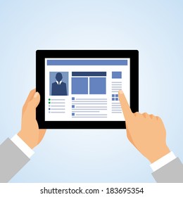 Business Hand Holding And Using Tablet Computer And Touching The Screen Concept Vector Illustration