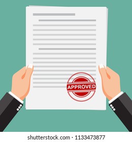 Business hand holds approved document. Job application approved. Vector illustration
